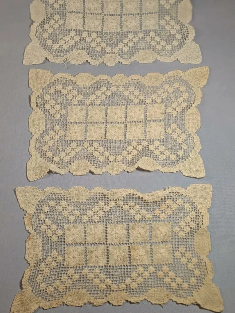 3 Vintage Cream Handmade Normandy Lace Doilies